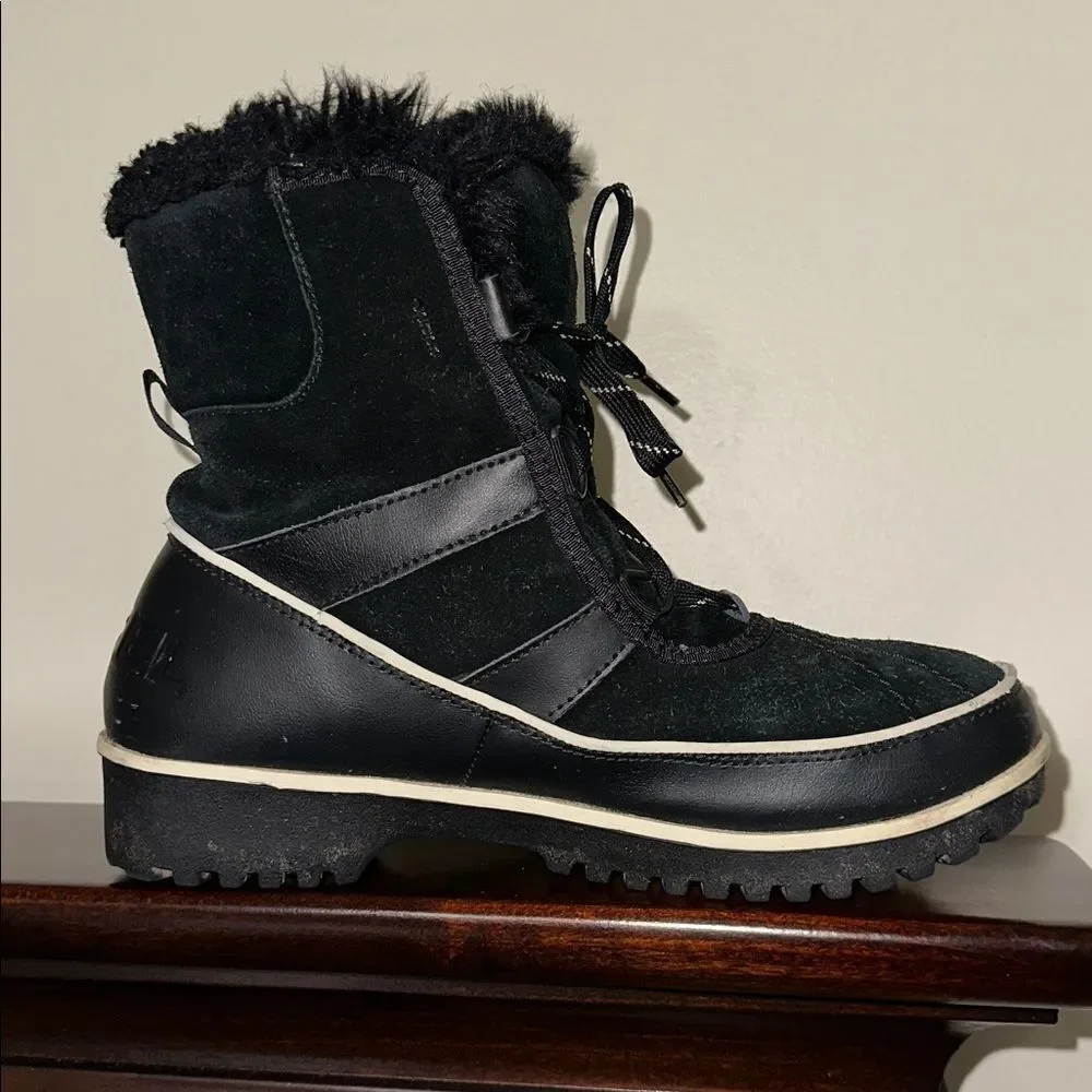 SOREL 7.5 Women’s Black White Trim Leather Suede Tivoli II Faux Fur Ankle Boots